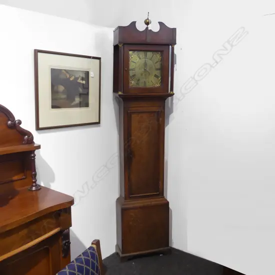 18THC OAK LONGCASE CLOCK. BRASS DIAL .MAKER JOHN MASSEY (D.1823) OF SHROPSHIRE H.2100mm