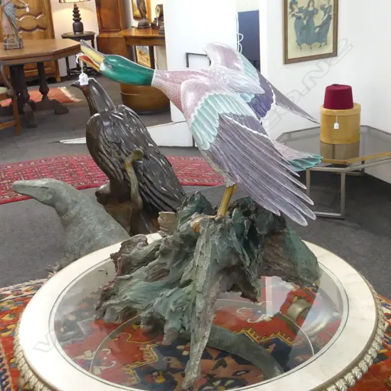 LARGE WOODEN PAINTED DUCK ON ROOT TYPE BASE H840MM W720MM