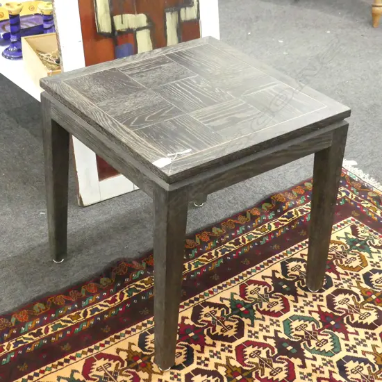 OAK COFFEE TABLE PARQUETRY INLAY W BRONZE TRIM 500x500x500mm dark stained