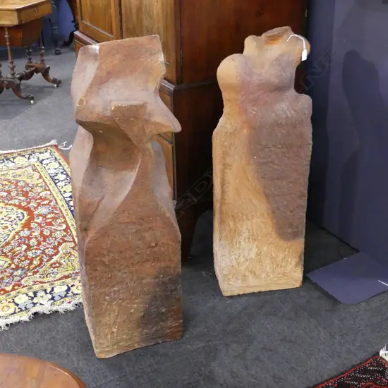 PAIR TERRACOTTA TALL TOTEM SCULPTURES. NZ SCULPTOR UNKNOWN. ABSTRACT HUMAN FORMS H1030
