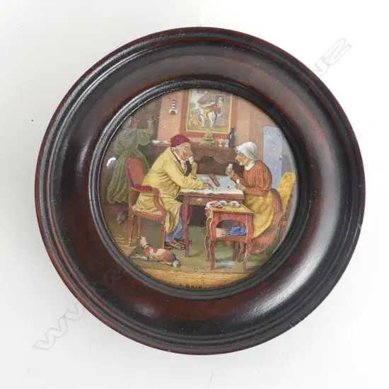 VICTORIAN PRATT WARE POT LID 'A PAIR' IN MAHOGANY FRAME DIA 160MM