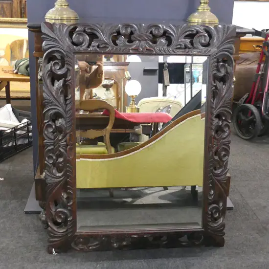 LG CARVED DARK OAK FRAMED BEVELED MIRROR 1085 X 885MM