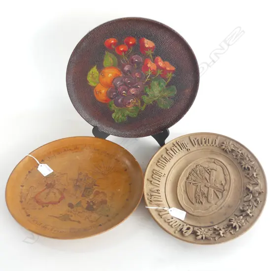 VICTORIAN CARVED WOODEN DAILY BREAD PLATE & 2 FOLK ART PLATES, FRUIT & AUSTRIAN