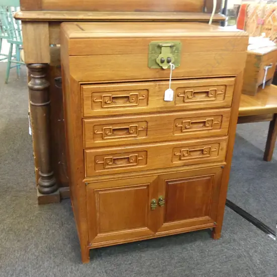 LARGE ORIENTAL ROSEWOOD CUTLERY CABINET, LIFT UP LID,  3 DRAWERS & 2 CUPBOARDS L 445MM H.800MM