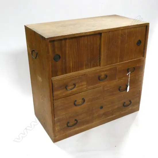 OLD JAPANESE TANSU CABINET - 2 CUPBOARDS & 2 DRAWERS - 575 X 290 X 550MM