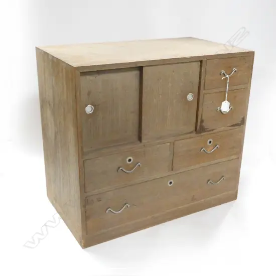 SMALL OLD JAPANESE TANSU CABINET - 2 CUPBOARD / 5-DRAWER 610 X 350 X 640MM