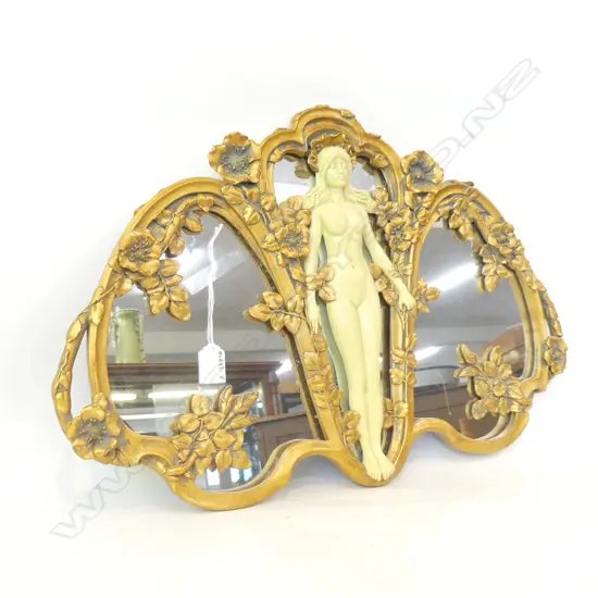 ORNATE GILT FRAMED WALL MIRROR WITH NAKED LADY FIGURE 390 X 590MM