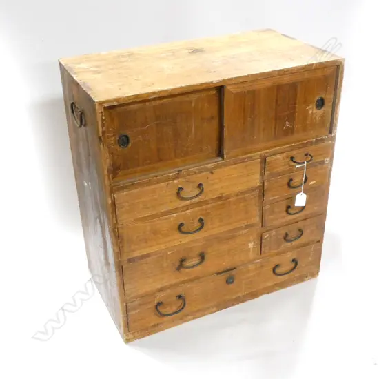 SM JAPANESE BROWN STAIN WOODEN TANSU CHEST - 8 DRAWERS & 2 DOORS - 565 X 300 X 610MM - SCRATCHES & WEAR
