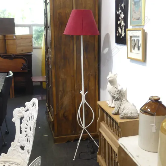 RETRO FLOOR LAMP, WHITE PAINTED STAND WITH RED SHADE 