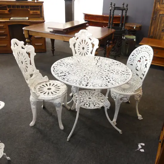 METAL OUTDOOR TABLE & THREE CHAIRS 