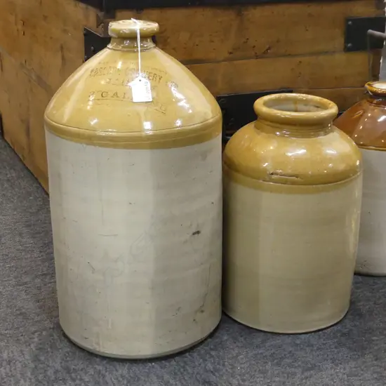 2 LG STONE WARE CROCKS; 3 GAL CASCADE BREWERY (H 500MM) CHIP TO TOP RIM & ONE OTHER (H 350MM)