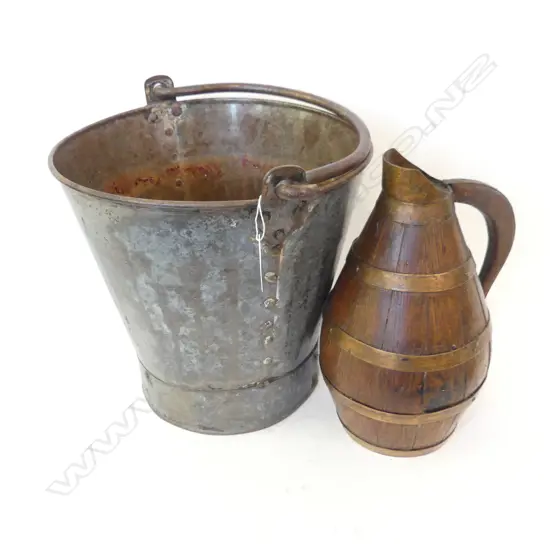 OLD METAL BUCKET (H.250, DIA 250MM) + WOODEN WATER JUG WITH COPPER BANDS (H.250MM)
