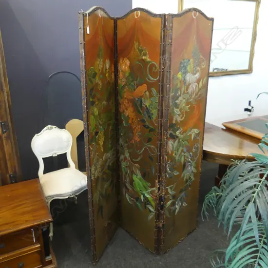 3 SECTION VINTAGE HAND PAINTED ROOM DIVIDER /SCREEN 1380 X 1765MM