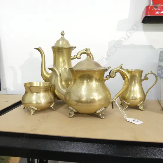 4 PC BRASS SET; COFFEE POT, TEAPOT, SUGAR BOWL & MILK JUG 