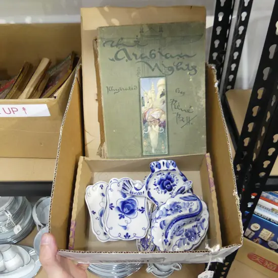 BOX ASST SM BLUE & WHITE RUSSIAN DISHES & SPOONS + 2 VINTAGE CHILDREN'S BOOKS