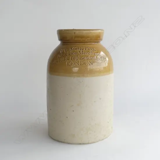 LARGE OLD J T MORTON, LONDON, STONEWARE CROCK H. 325MM  (A/F)