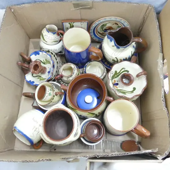SM BOX ASST TORQUAY WARE MOTTO WARE ETC. INCL TEAPOT, SOME A/F
