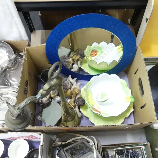 BOX MISC INCL BRASS LAMP STAND, NORITAKE, MIRROR, CHERUBS, PEWTER ETC..