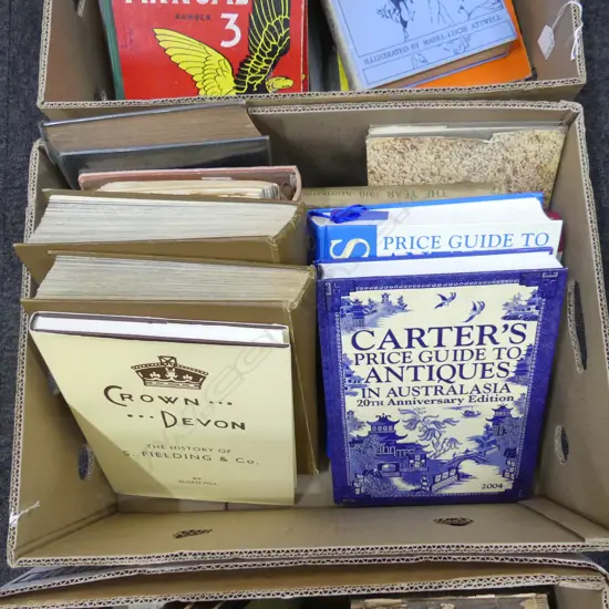 BOX ASST BOOKS INCL ANTIQUES REFERENCE & VINTAGE REFERENCE BOOKS/ COOK BOOK ETC.. 