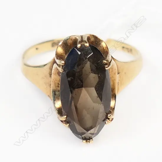 9CT GOLD RETRO SMOKY QUARTZ RING SIZE S