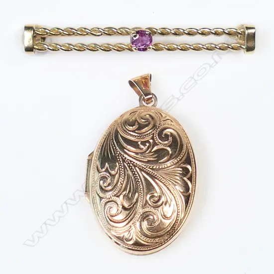 9CT GOLD LOCKET AND BROOCH 5.7gm