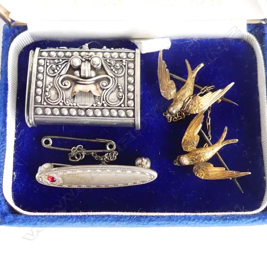 3 PCS - ST SILVER BOOCH w TINY RED STONE, INDIAN SILVER PILL BOX & DOUBLE SWALLOW BROOCH