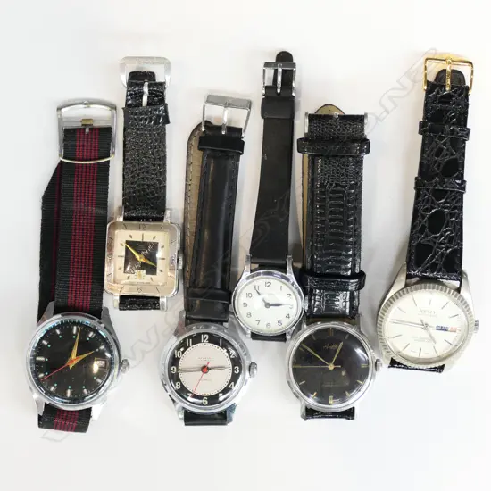 6 VINTAGE WRIST WATCHES - BLACK STRAPS