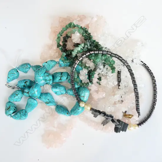 6 GEMSTONE NECKLACES; ROSE QUARTZ ETC