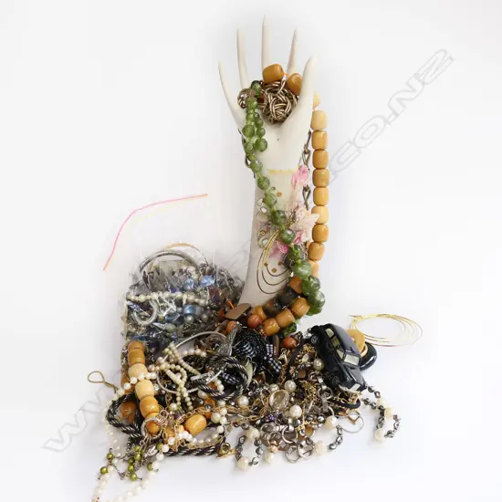 BOX ASST. COSTUME JEWELLERY, BEADS, WHITE DISPLAY HAND ETC