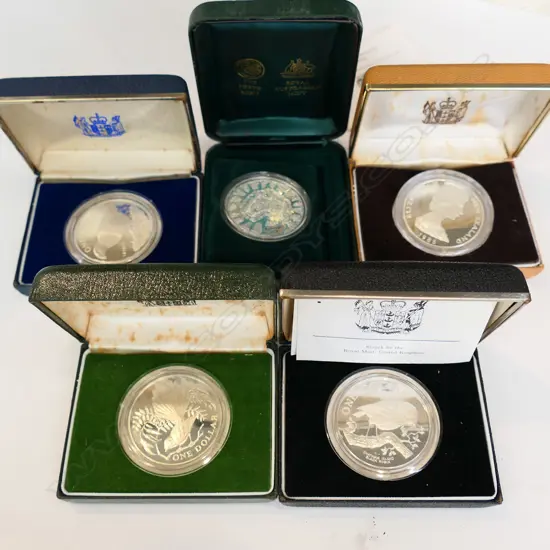 5 SILVER PROOF COINS; 4x NZ BIRDS + SYDNEY 2000 