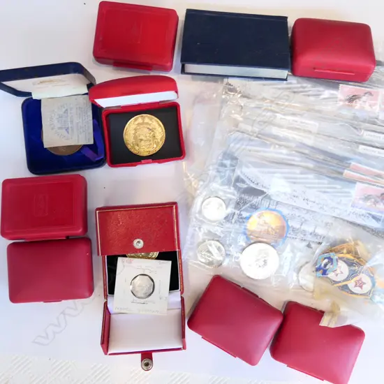 BOX LOT ASST. TOKENS, SOME CASED, ETC