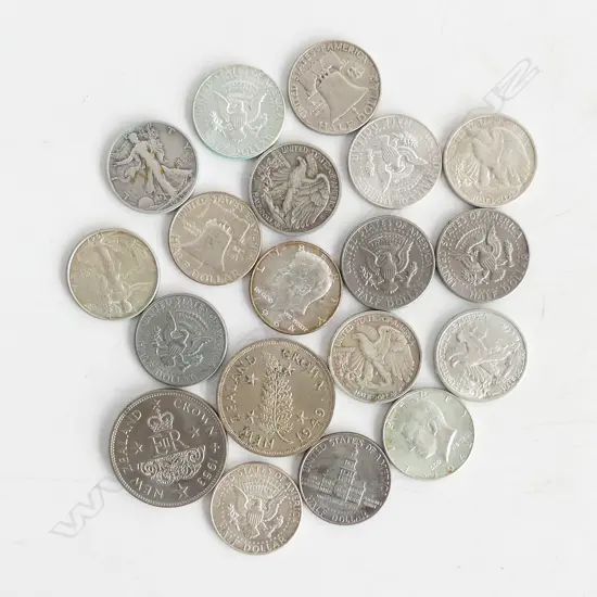 19 ASST. COINS; 2 NZ CROWNS, 10 US HALF DOLLARS ...