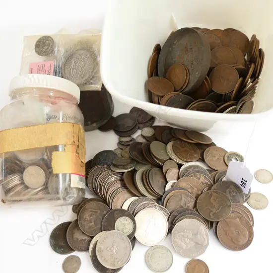 BOX LOT ASST. OLD COINS INCL. WWI  SERVICE MEDAL + 2 1953 ROYAL VISIT