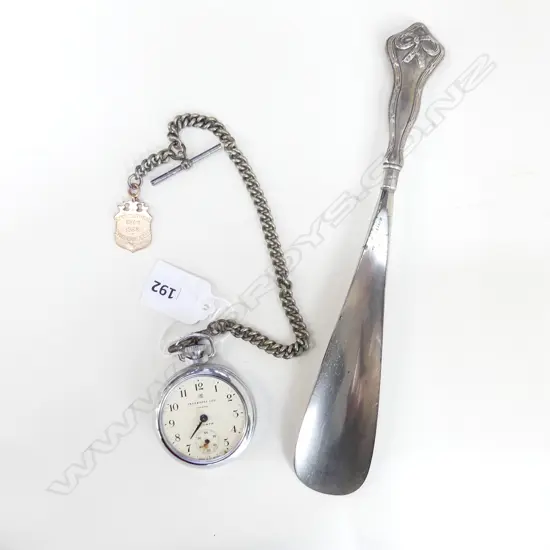 9CT FOB MEDAL 4.8 GM ON PLATED CHAIN w. STOPWATCH + SHOE HORN w. STG HANDLE  