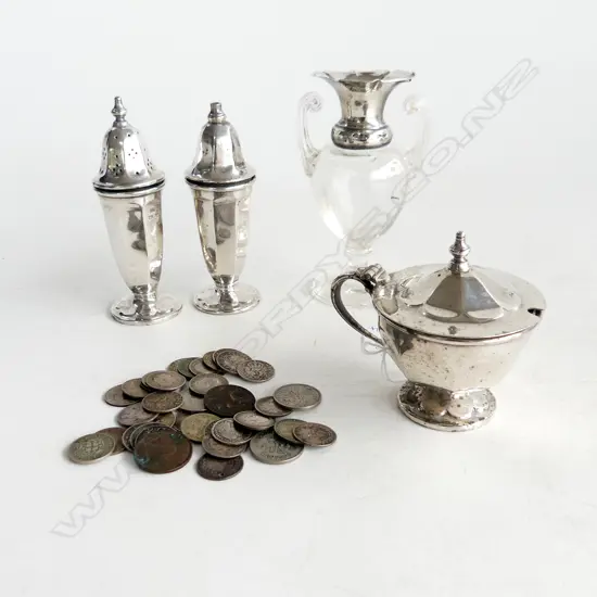 4 PCES STG SILVER; 3 CONDIMENTS (PR+1), GLASS VASE + ASST. COINS 3d ETC