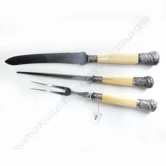 3 PCE BONE HANDLED CARVING SET w. STG SILVER FERULES SHEFFIELD 1896-02 L.400mm 
