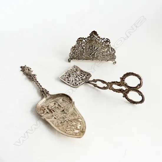 3 PCES DUTCH 800 SILVER; LETTER HOLDER, SERVING SPOON, SCISSORS 202 GRAMS