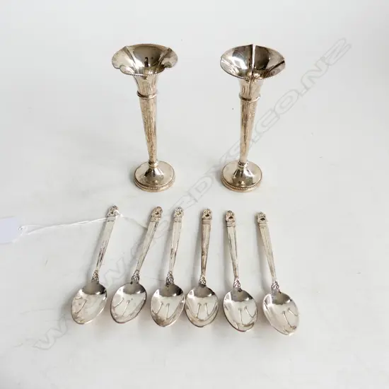 SET 6 STG SILVER ROYAL DANISH TEASPOONS 72 GRAMS + PR WEIGHTED 800 SILVER SML POSEY VASES H.110mm