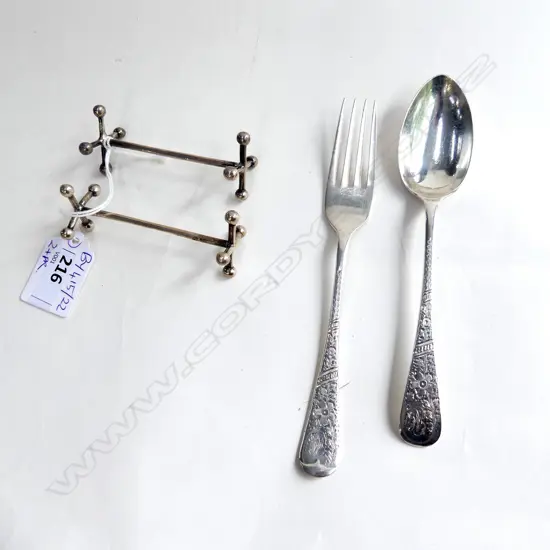 4 PCES STG SILVER; FORK & SPOON SHEFFIELD 1906 + PR KNIFE RESTS LONDON 1910 89 GM