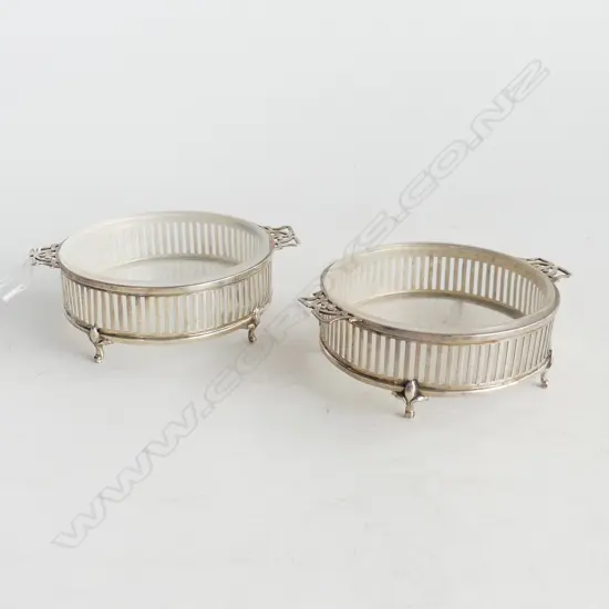 PR STG SILVER BUTTER DISHES w. GLASS LINERS, B'HAM 1910 90mm dia 82 GM