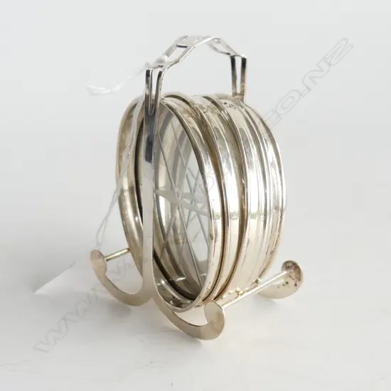 4 STG SILVER RIMMED GLASS COASTERS ON STAND 130 GM TOTAL