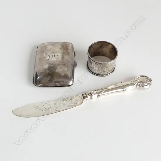 STG SILVER CIGARETTE CASE, NAPKIN RING & BUTTER KNIFE, 97GMS