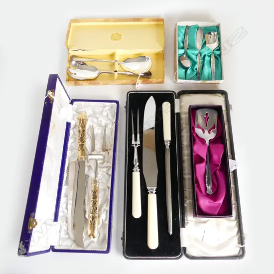 FIVE BOXED CUTLERY SETS. THREE SERVERS AND TWO CARVING SETS.
