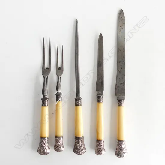 5 PCE BONE HANDLED CARVING SET w. STG SILVER FERULES SHEFFIELD 1856 L.385mm