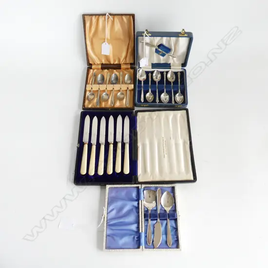 FOUR BOXED CUTLERY. THREE SPOONS ONE BOX BUTTERKNIVES. 