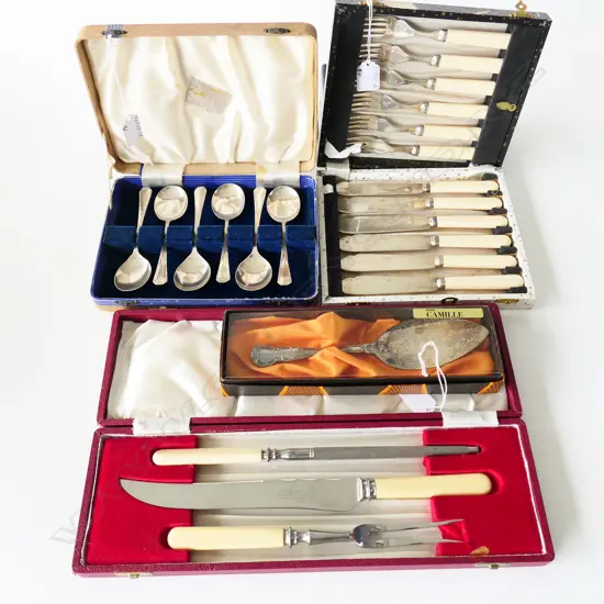 4 BOXED CUTLERY SETS; SERVER, DESERT SPOONS FISH SET & CARVING SET