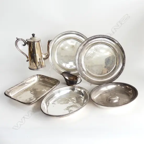 6 PCES ASST. SILVER PLATE; COFFEE POT, SAUCEBOAT, 2 PLATES, 2 VEGE DISHES