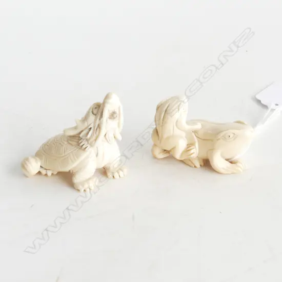 2 CARVED IVORY NETSUKI; FROGS & TURTLE DRAGON