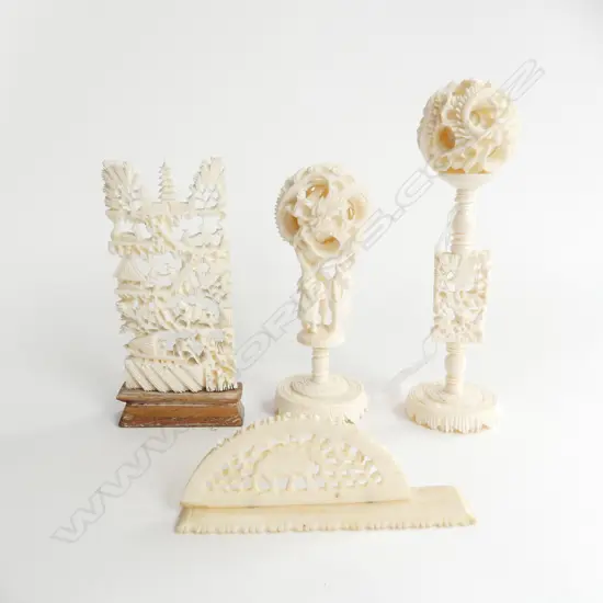 4 IVORY PCES; 2 PUZZLE BALLS H.145mm, ETC