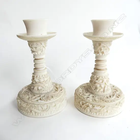 PR CARVED IVORY CANDLESTICKS H.120mm + PUZZLE BALL ON STAND H.90mm